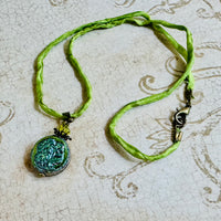Metallic Green Czech Glass Flower Pendant on Silk Cord