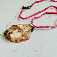 Cherry Blossom Agate Pendant Necklace on Silk Cord