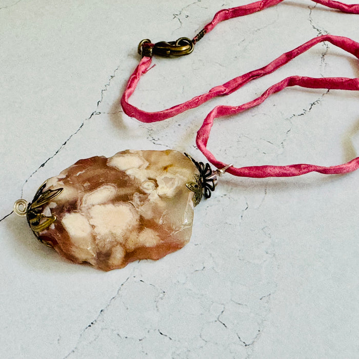 Cherry Blossom Agate Pendant Necklace on Silk Cord
