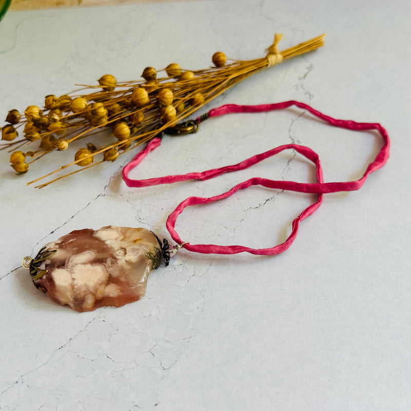 Cherry Blossom Agate Pendant Necklace on Silk Cord