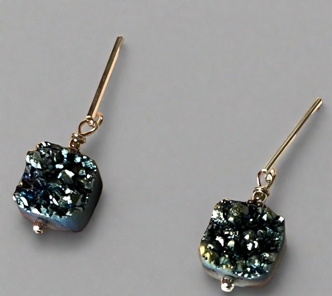 Bright Blue Druzy Quartz Earrings in Sterling Silver