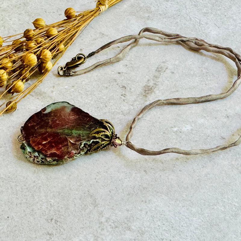 "Sliced Tourmaline" Freeform Agate Pendant Necklace on Silk Cord