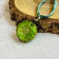 Czech Glass Green Hibiscus Flower Pendant Necklace in Sterling Silver