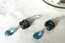 Load image into Gallery viewer, Bright Blue Druzy Quartz and Swiss Blue Topaz Earrings in Sterling Silver
