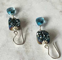 Bright Blue Druzy Quartz and Swiss Blue Topaz Earrings in Sterling Silver