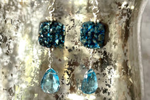 Load image into Gallery viewer, Bright Blue Druzy Quartz and Swiss Blue Topaz Earrings in Sterling Silver
