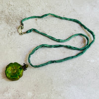 Czech Glass Green Hibiscus Flower Pendant Necklace in Sterling Silver