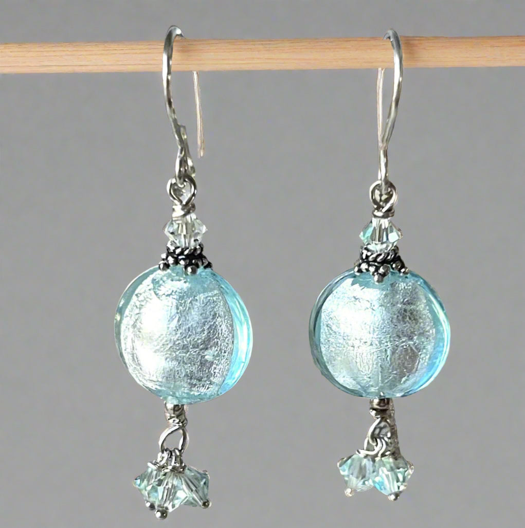 Murano Glass Light Blue Coin Earrings in Sterling Silver