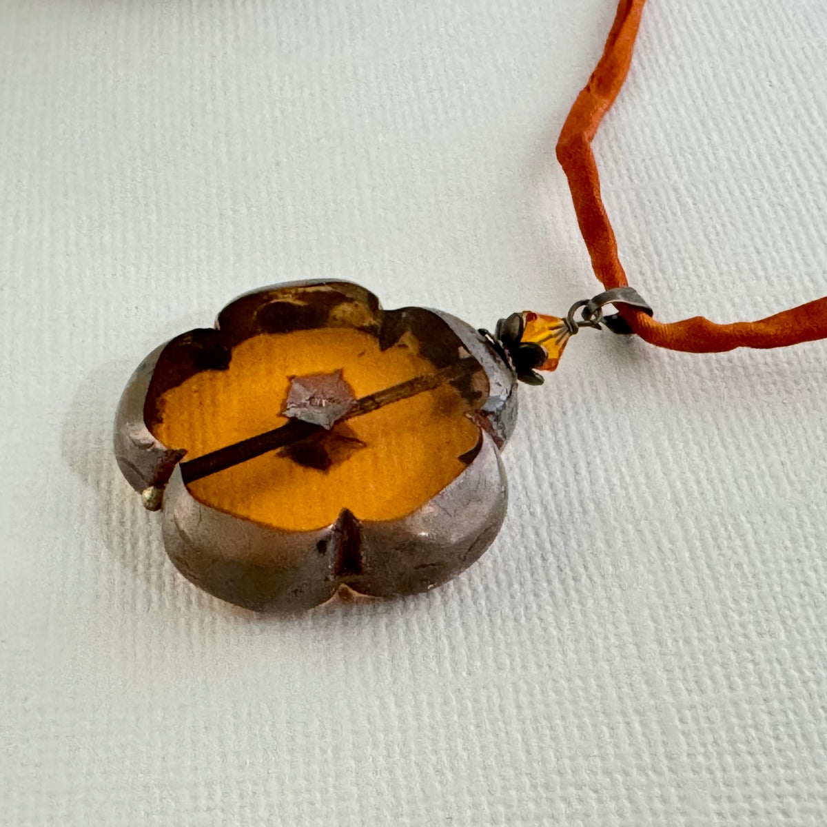 Large Autumn Flower Czech Glass Pendant Necklace on Silk Cord