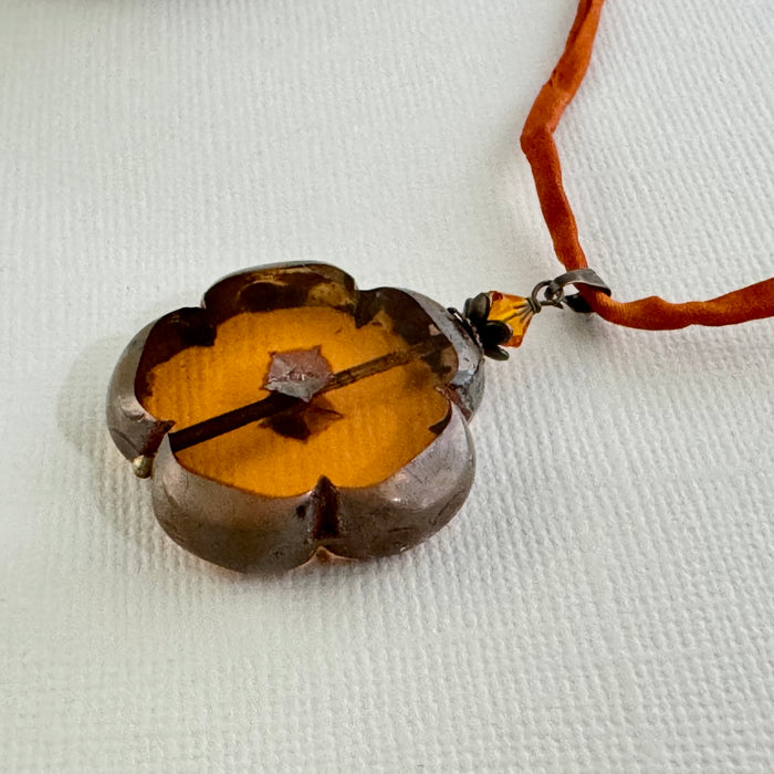 Large Autumn Flower Czech Glass Pendant Necklace on Silk Cord
