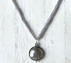 Murano Glass Grey Disk on Silk Cord