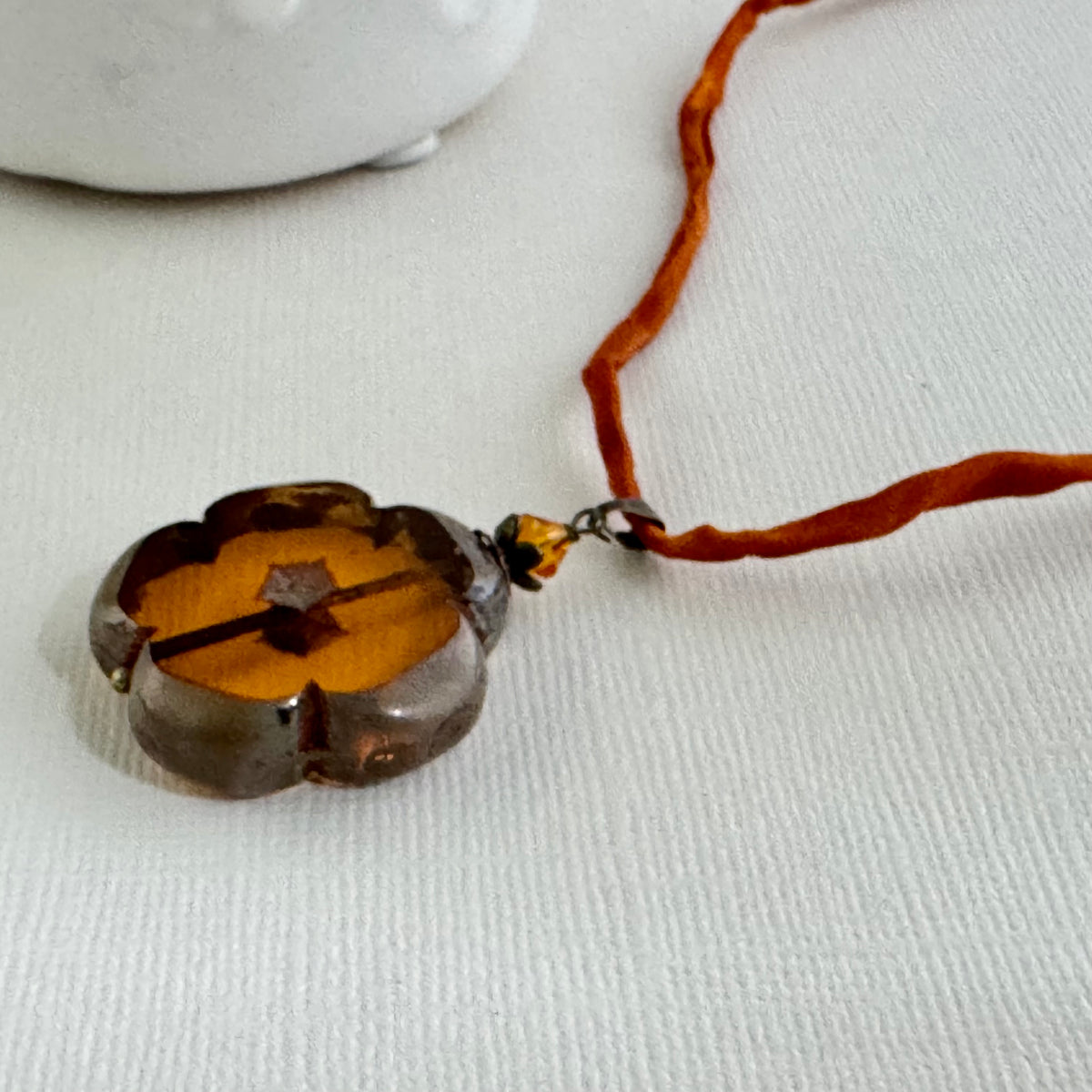 Large Autumn Flower Czech Glass Pendant Necklace on Silk Cord