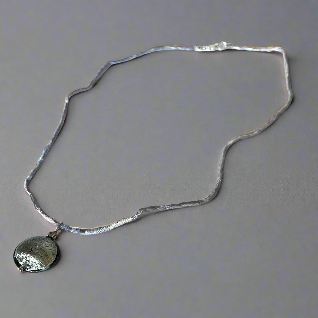 Murano Glass Grey Disk on Silk Cord