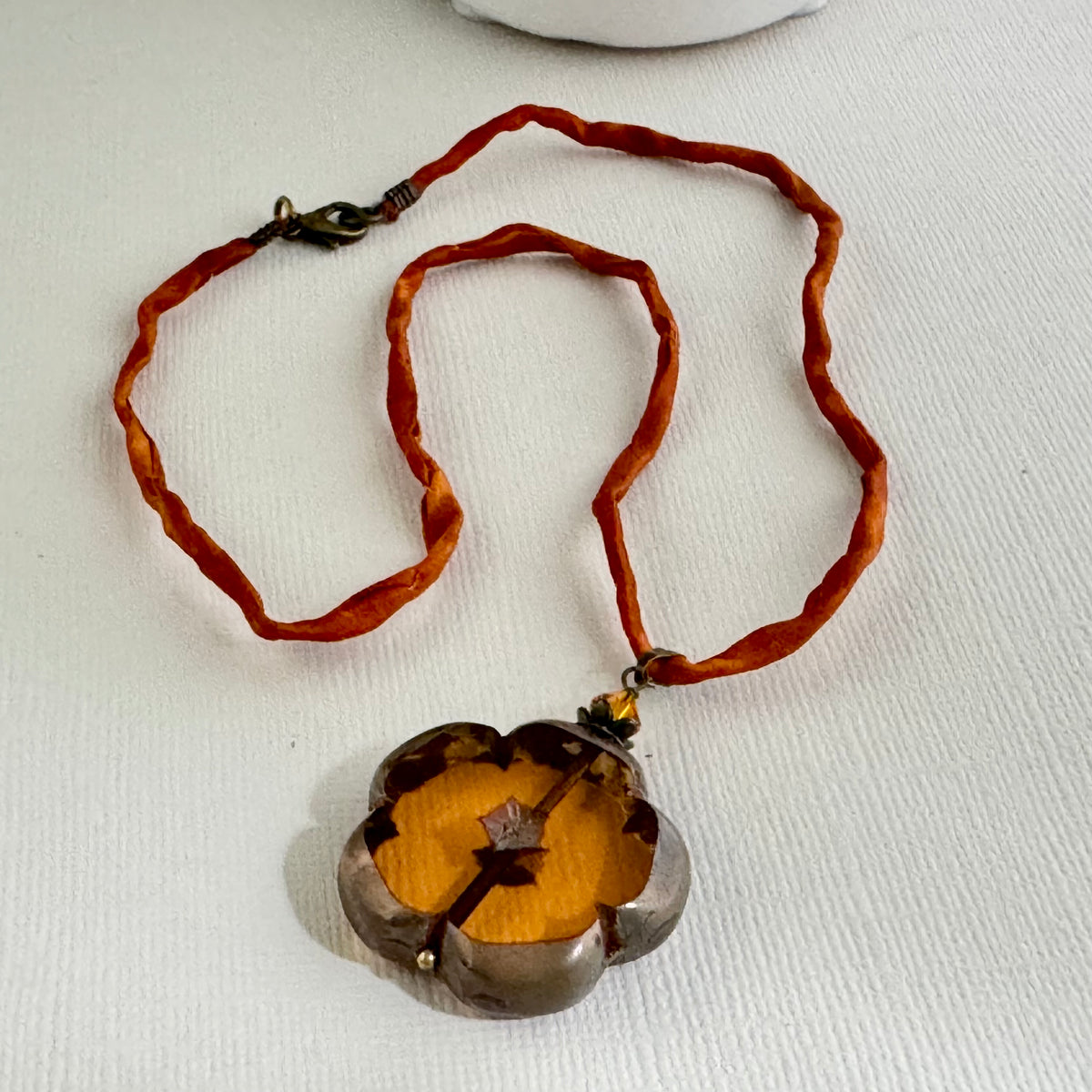 Large Autumn Flower Czech Glass Pendant Necklace on Silk Cord