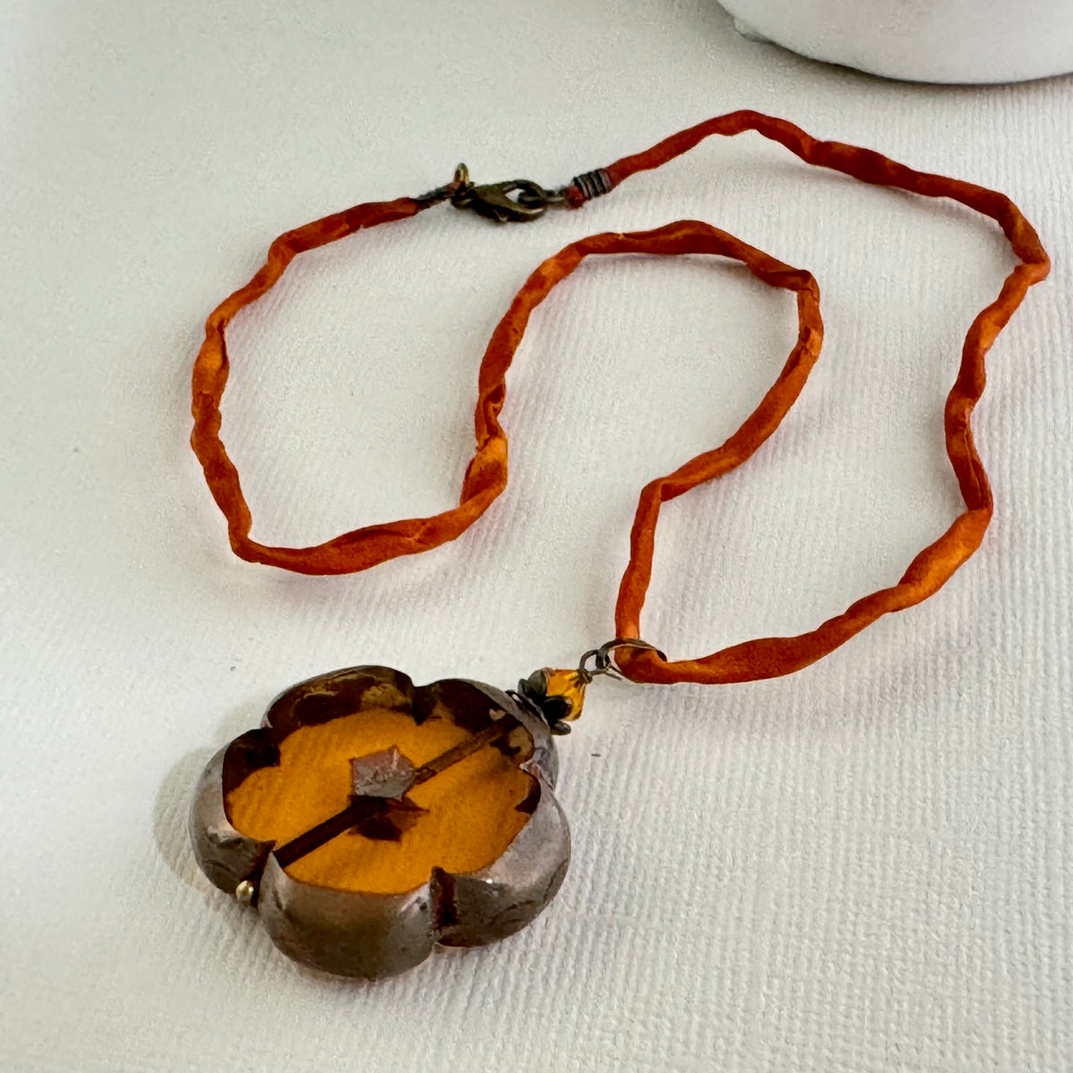 Large Autumn Flower Czech Glass Pendant Necklace on Silk Cord