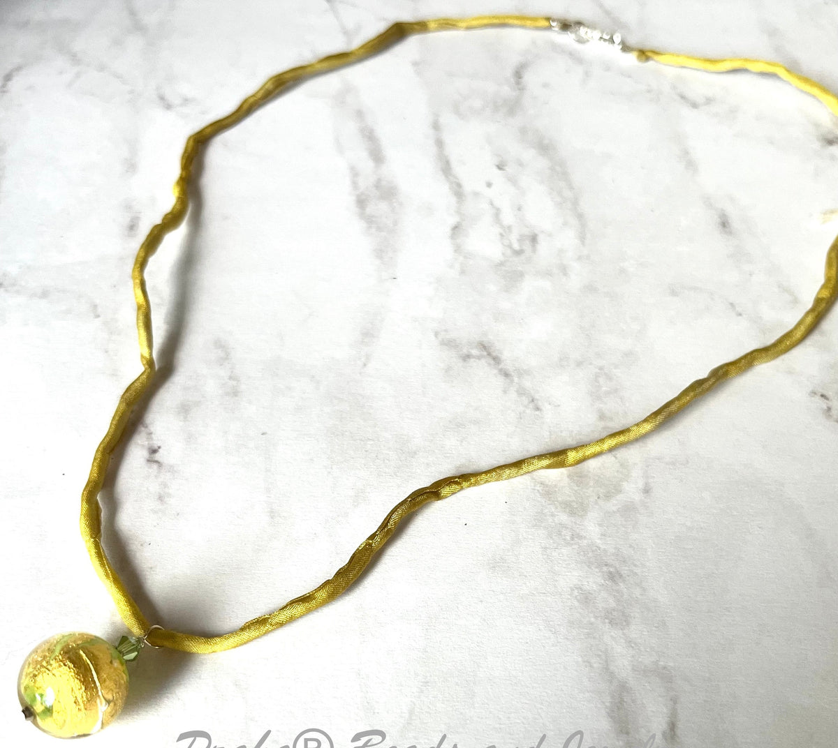 Czech Green Glass and Gold Foil Drop Necklace on Silk Cord