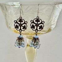 Blue Czech Glass Drops with Brass Filigree Components in Sterling Silver