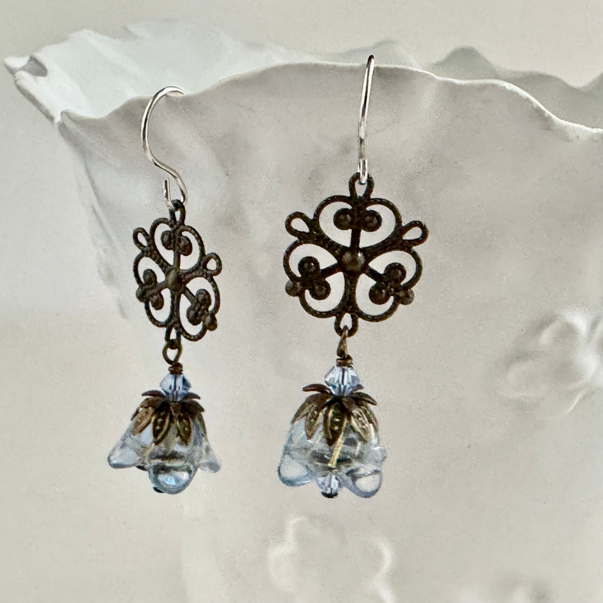 Blue Czech Glass Drops with Brass Filigree Components in Sterling Silver
