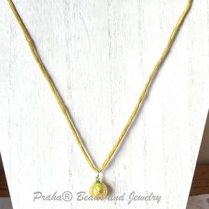 Czech Green Glass and Gold Foil Drop Necklace on Silk Cord