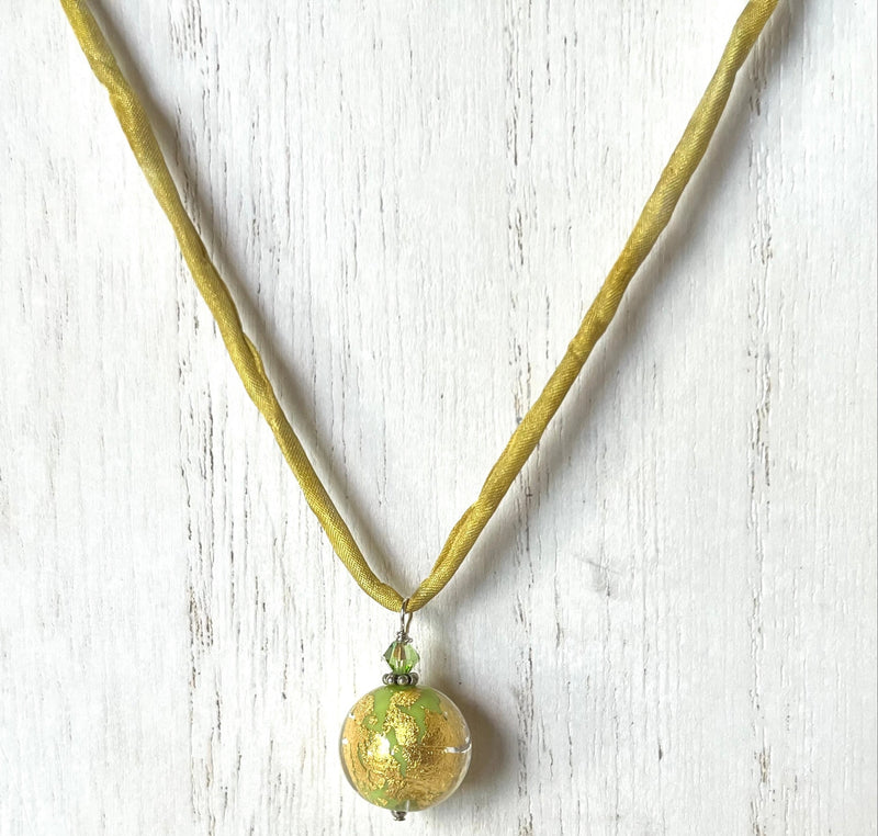 Czech Green Glass and Gold Foil Drop Necklace on Silk Cord