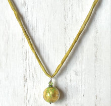 Load image into Gallery viewer, Czech Green Glass and Gold Foil Drop Necklace on Silk Cord
