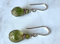 Czech Glass Green and Gold Saturn Earrings in Sterling Silver