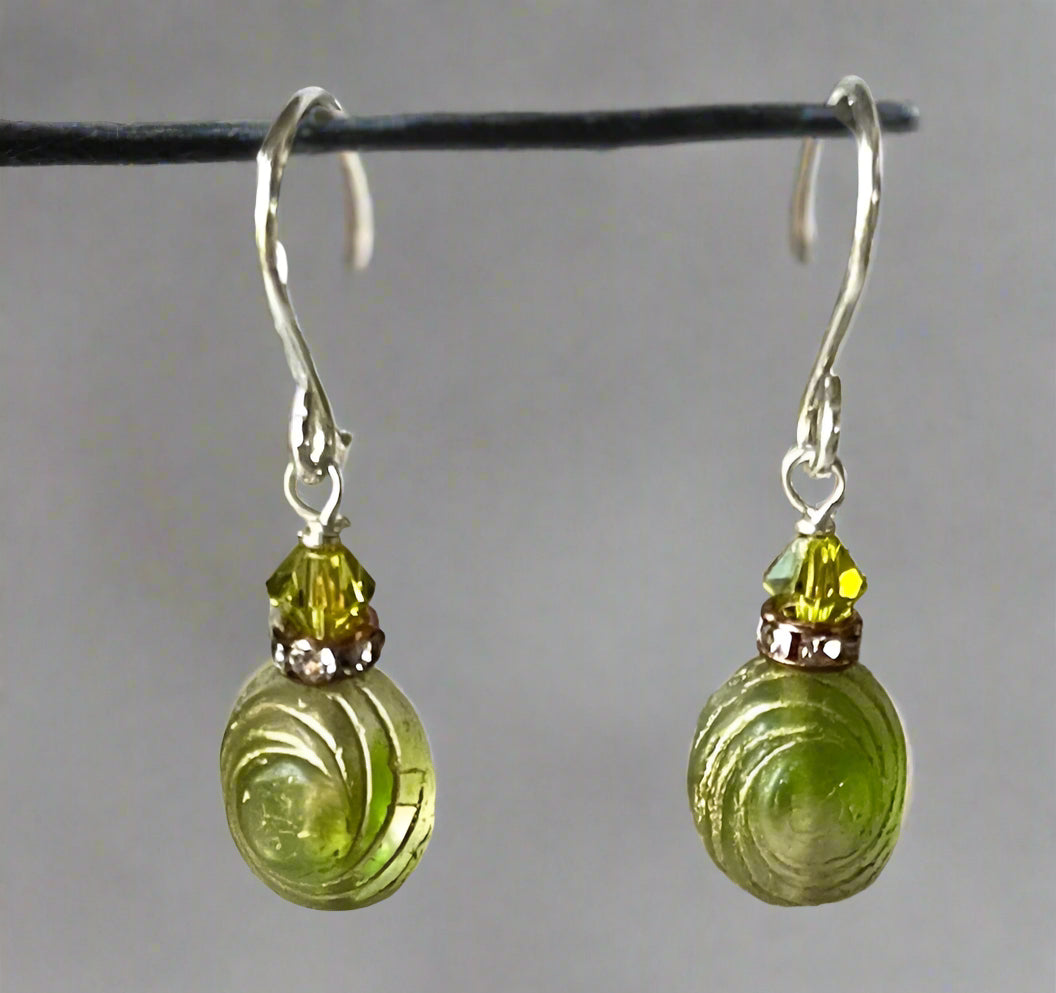 Czech Glass Green and Gold Saturn Earrings in Sterling Silver