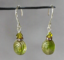 Load image into Gallery viewer, Czech Glass Green and Gold Saturn Earrings in Sterling Silver
