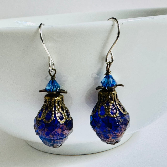 Czech Glass Large Blue and Gold Turbine Earrings in Sterling Silver