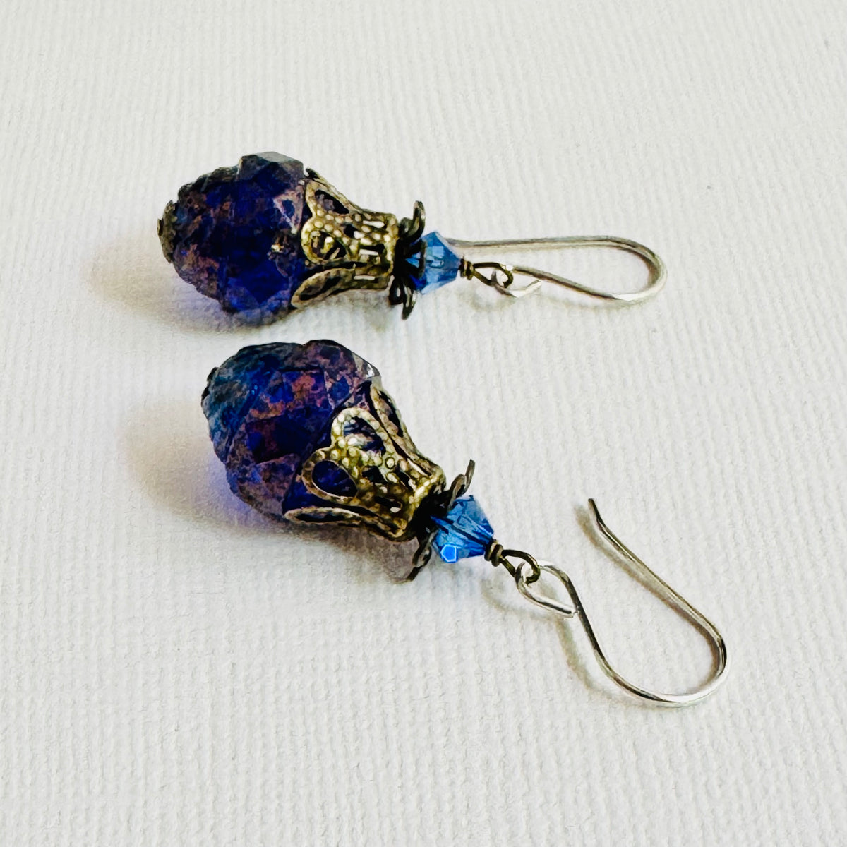 Czech Glass Large Blue and Gold Turbine Earrings in Sterling Silver