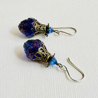 Czech Glass Large Blue and Gold Turbine Earrings in Sterling Silver