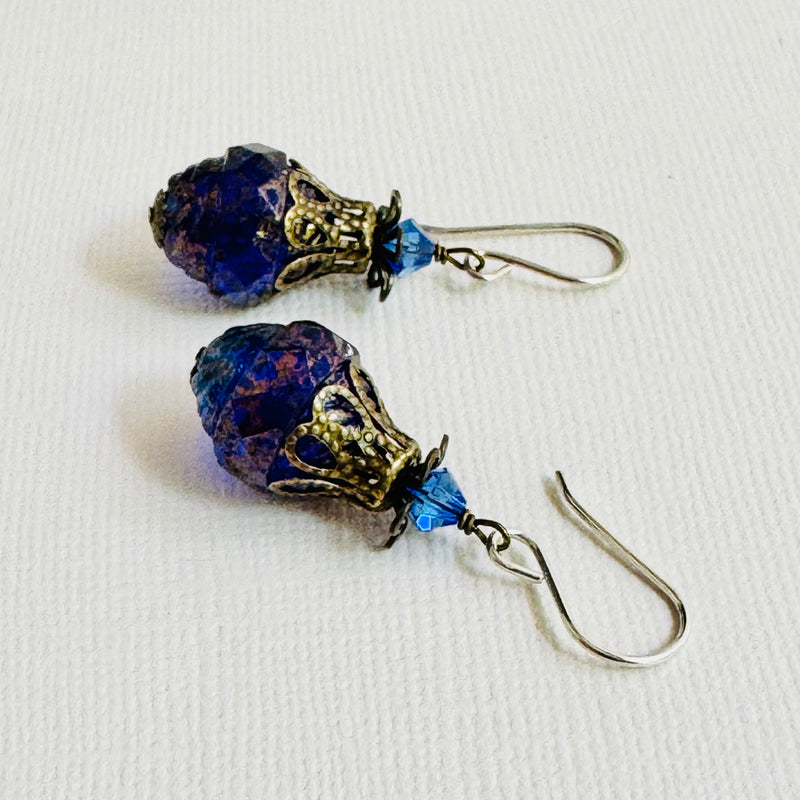 Czech Glass Large Blue and Gold Turbine Earrings in Sterling Silver