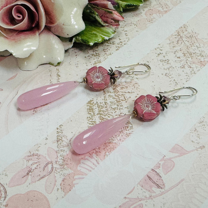 Pink Chalcedony and Czech Glass Flower Earrings in Sterling Silver