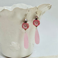 Pink Chalcedony and Czech Glass Flower Earrings in Sterling Silver