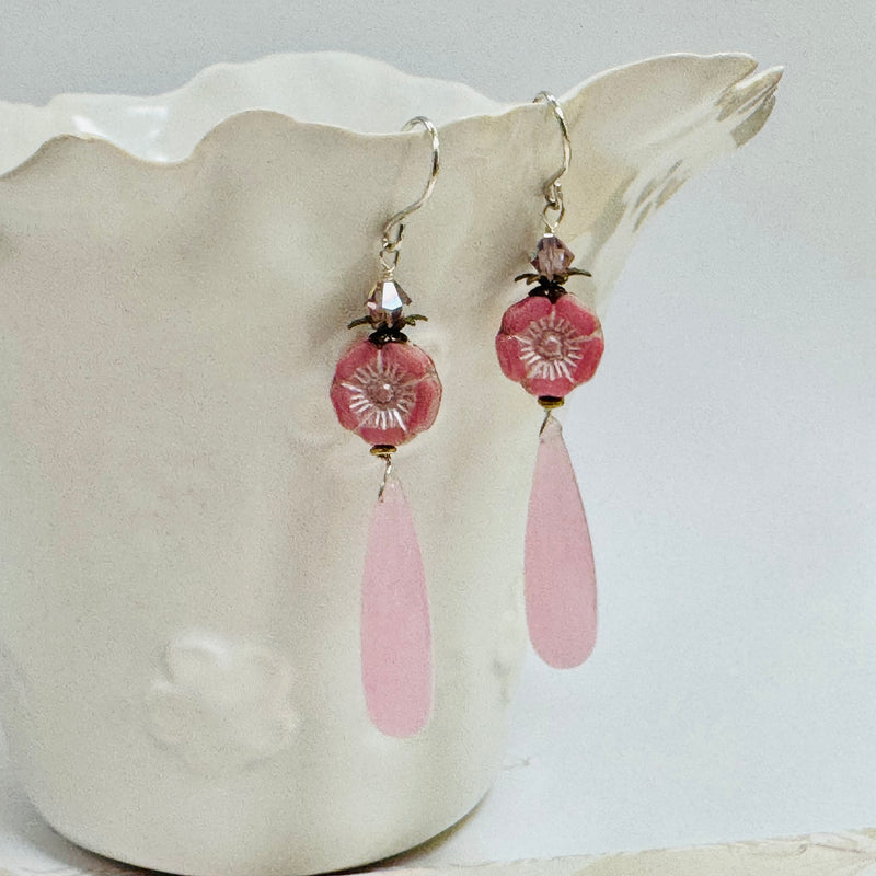 Pink Chalcedony and Czech Glass Flower Earrings in Sterling Silver