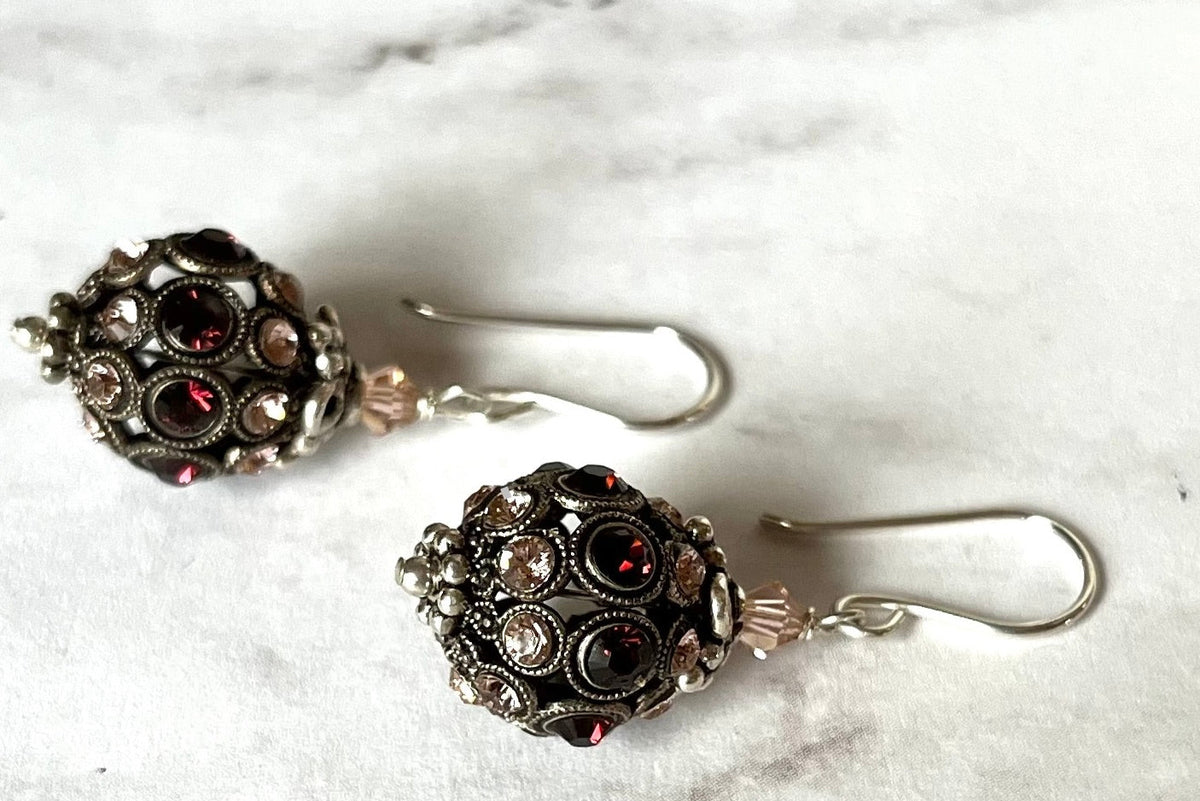 Swarovski Crystal Filigree Encrusted Brown and Light Peach Earrings in Sterling Silver