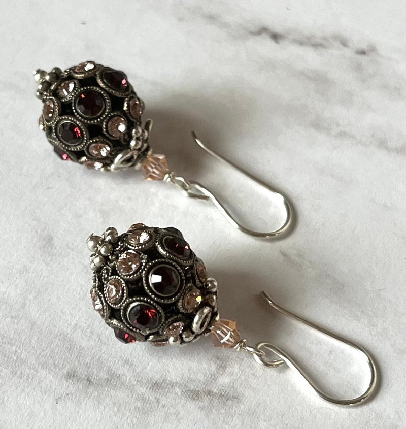 Swarovski Crystal Filigree Encrusted Brown and Light Peach Earrings in Sterling Silver