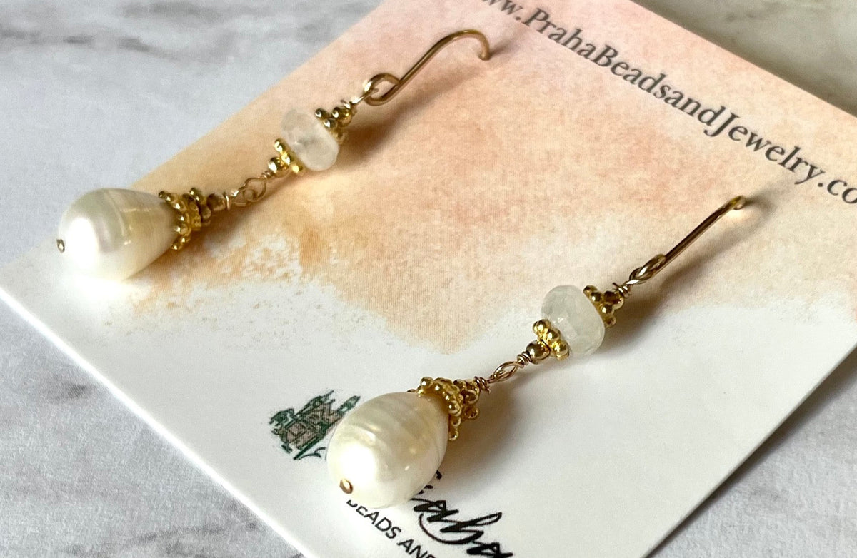 Freshwater Pearl and Moonstone Earrings in 24K Vermeil