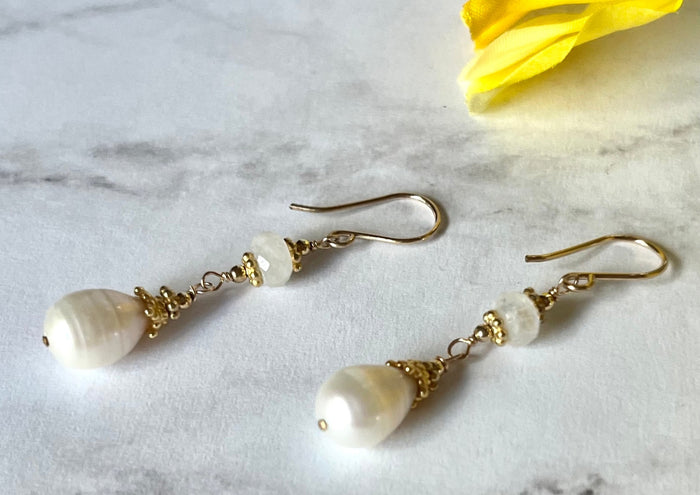 Freshwater Pearl and Moonstone Earrings in 24K Vermeil