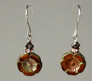 Czech Glass "Amber" Flower Earrings in Sterling Silver