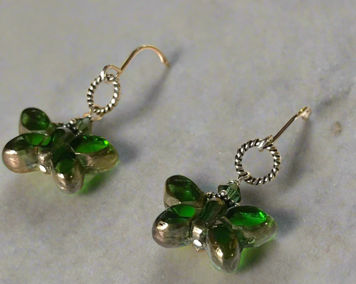 Czech Glass Green and Bronze Butterfly Earrings