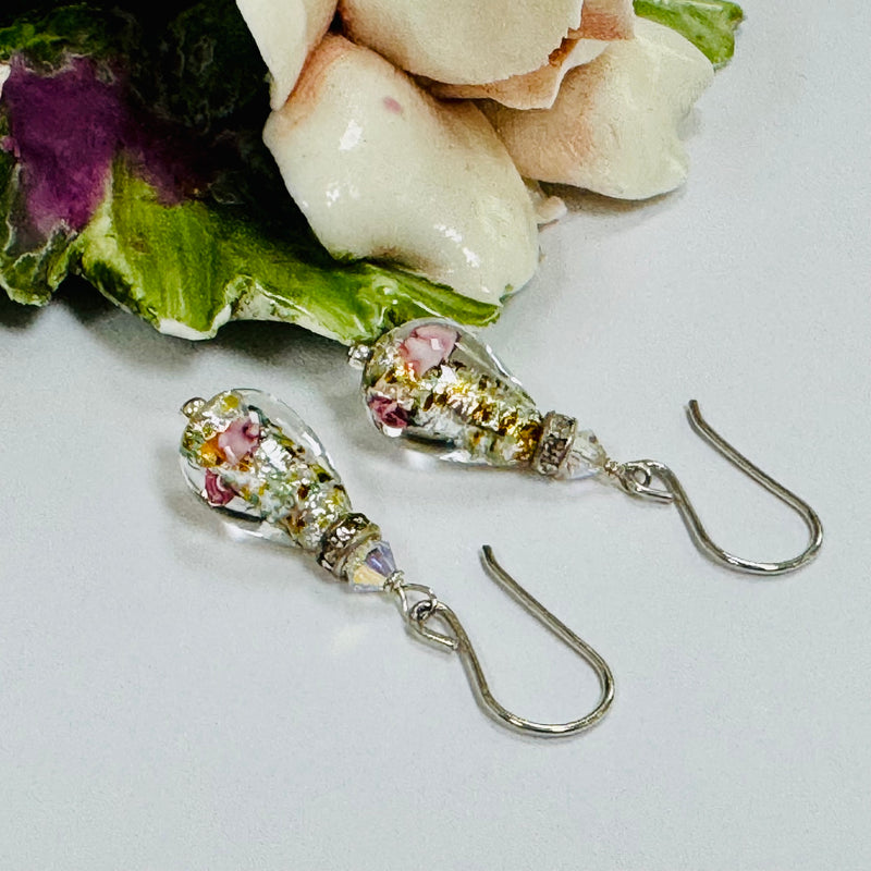 Czech "Bohemian" Silver Glass Foil Teardrop Earrings in Sterling Silver
