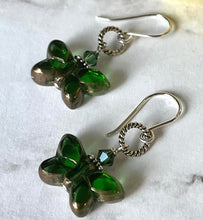 Load image into Gallery viewer, Czech Glass Green and Bronze Butterfly Earrings
