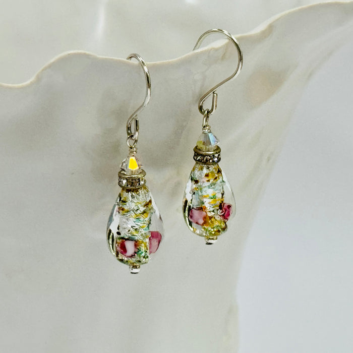 Czech "Bohemian" Silver Glass Foil Teardrop Earrings in Sterling Silver