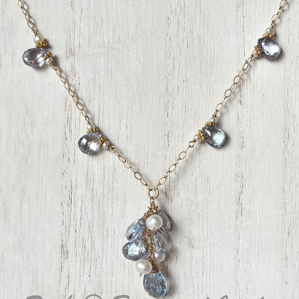 Blue Sapphire and Freshwater Pearl Drop Necklace in 14K Gold Fill