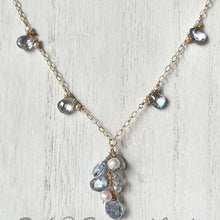 Load image into Gallery viewer, Blue Sapphire and Freshwater Pearl Drop Necklace in 14K Gold Fill
