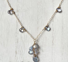 Load image into Gallery viewer, Blue Sapphire and Freshwater Pearl Drop Necklace in 14K Gold Fill
