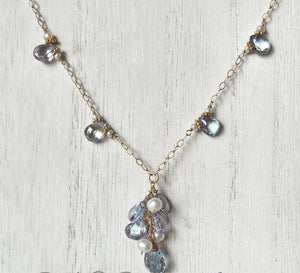 Blue Sapphire and Freshwater Pearl Drop Necklace in 14K Gold Fill