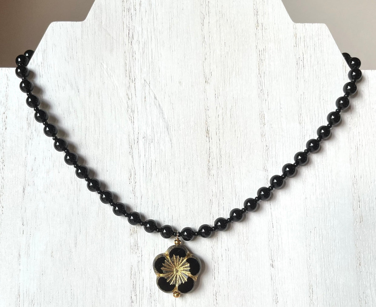 Large Black Czech Glass Hibiscus Necklace with Swarovski Crystal Pearls