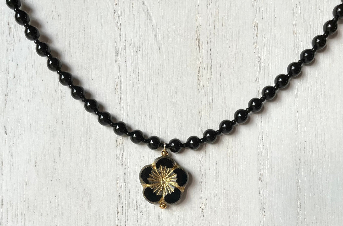 Large Black Czech Glass Hibiscus Necklace with Swarovski Crystal Pearls